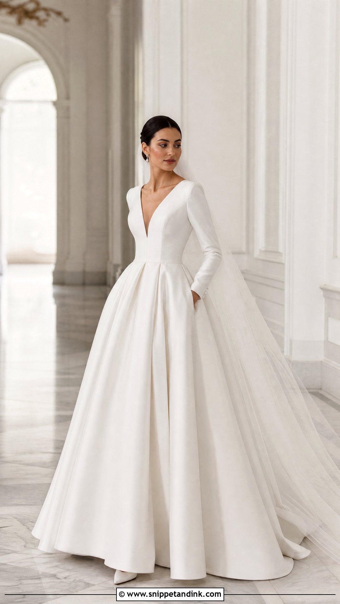 Mikado V Neck Ball Gown With Sleeves - Snippet and Ink - 20 V Neck Wedding Dress with Sleeves