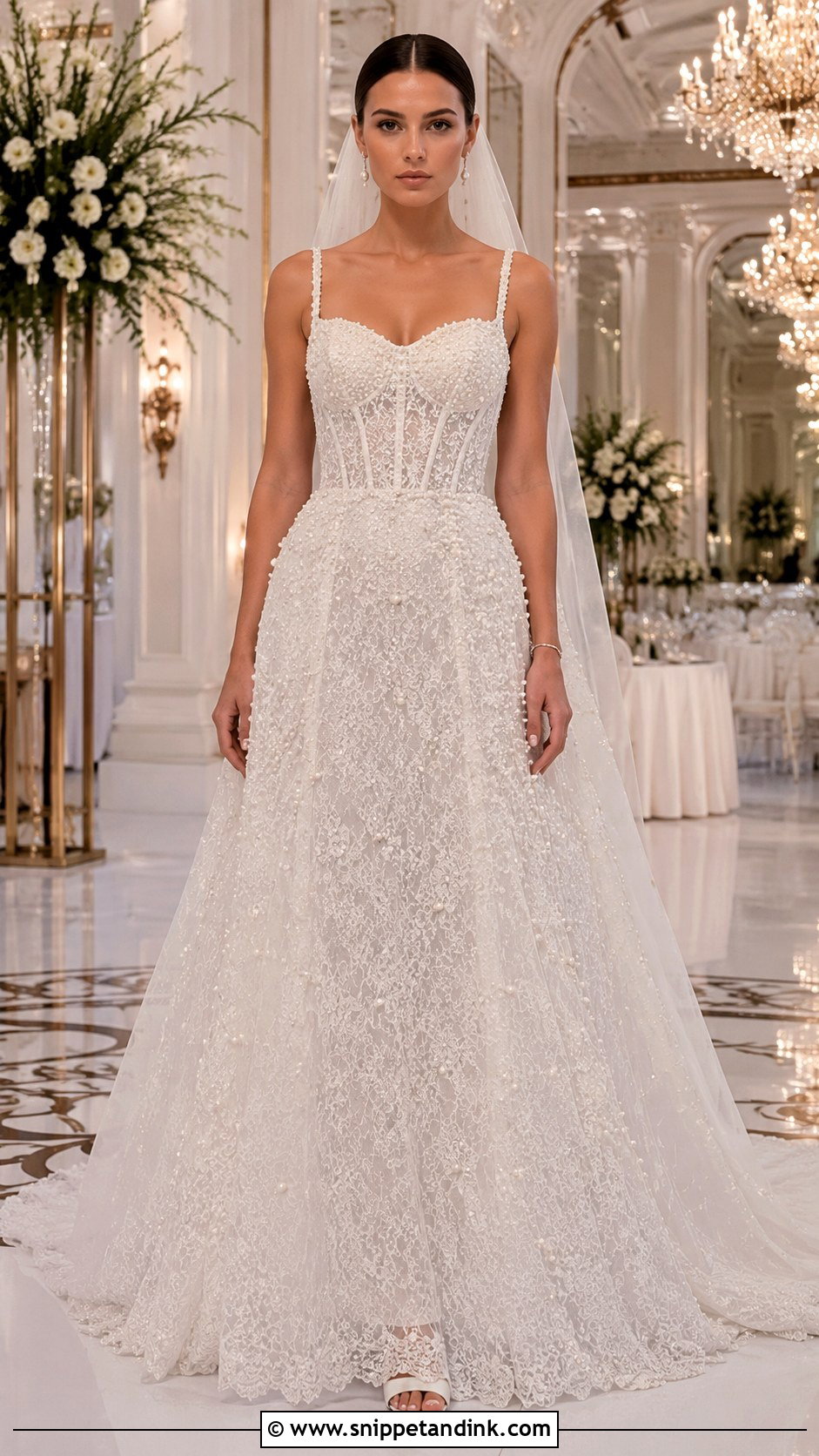 Millie Bobby Brown Pearl Beaded Fit And Flare Gown - Snippet and Ink - 20 Milly Bobby Brown Wedding Gown Ideas