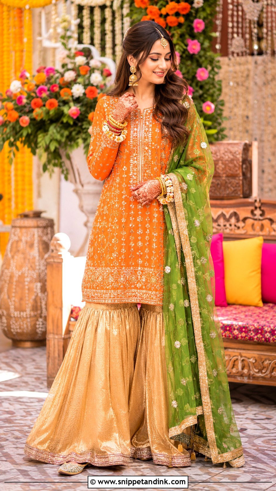Minal Khan Orange Gold Mehndi Sharara - Snippet and Ink - 20 Minal Khan Wedding Dress Ideas