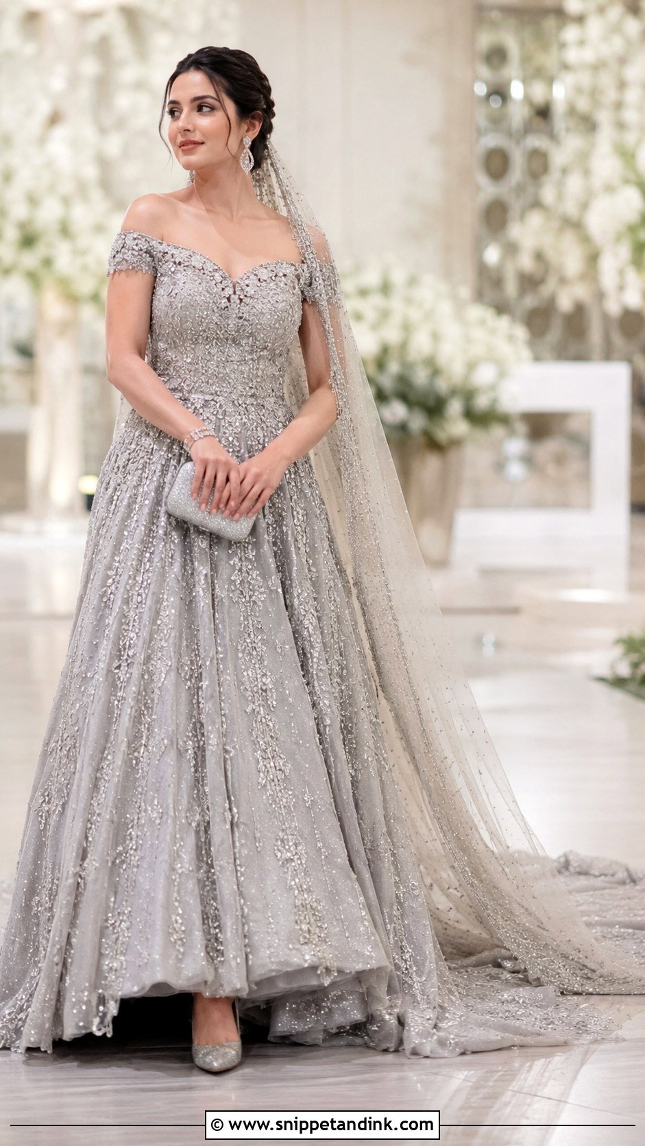 Minal Khan Silver Off Shoulder Walima Gown - Snippet and Ink - 20 Minal Khan Wedding Dress Ideas