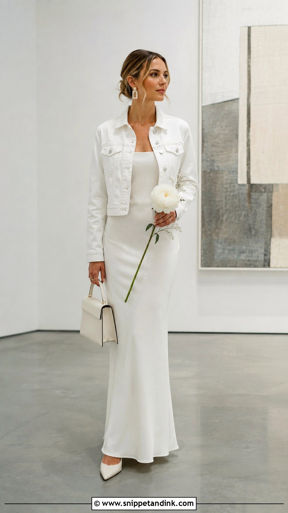 Minimal Bridal Denim Jacket With Crepe Dress - Snippet and Ink - 20 Bridal Denim Jacket Ideas