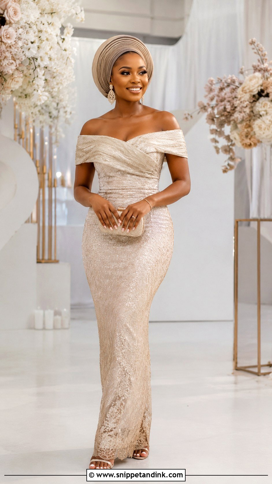 Minimal Bridal Gele With Off Shoulder Dress - Snippet and Ink - 20 Bridal Gele Styles