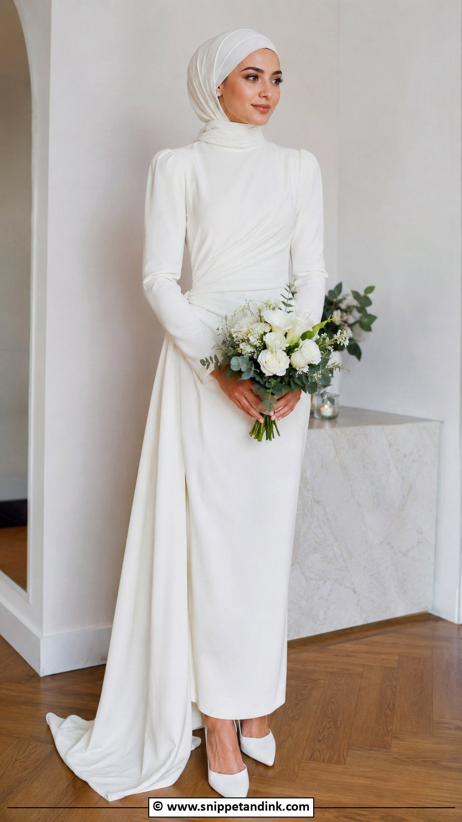 Minimal Bridal Hijab With Crepe Dress - Snippet and Ink - 30 Bridal Hijab Styles