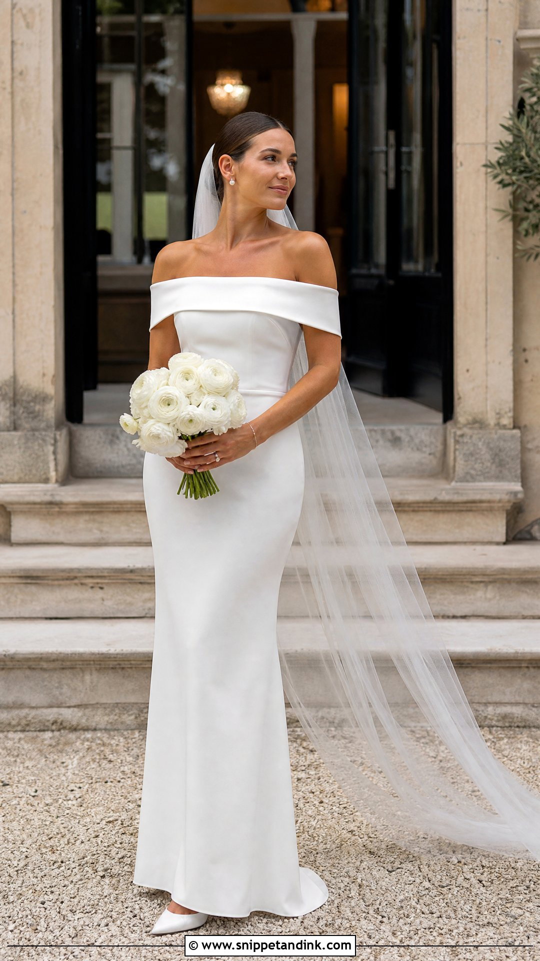 Minimal Bride Off Shoulder Sheath Gown - Snippet and Ink - 20 Minimal Bride Ideas