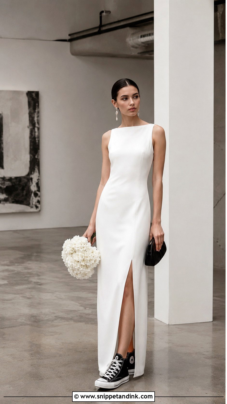 Minimal Column Wedding Dress With Black Converse - Snippet and Ink - 20 Wedding Dress with Converse Ideas