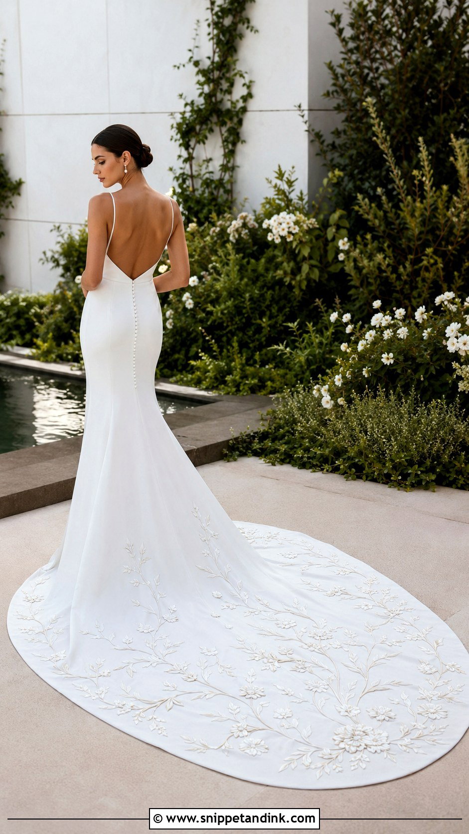Minimal Crepe Wedding Dress With Botanical Train - Snippet and Ink - 20 Botanical Wedding Dress Ideas