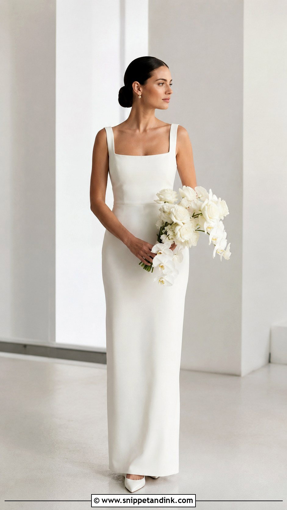 Minimal Elopement Dress With Sleek Hair - Snippet and Ink - 25 Elopement Dresses