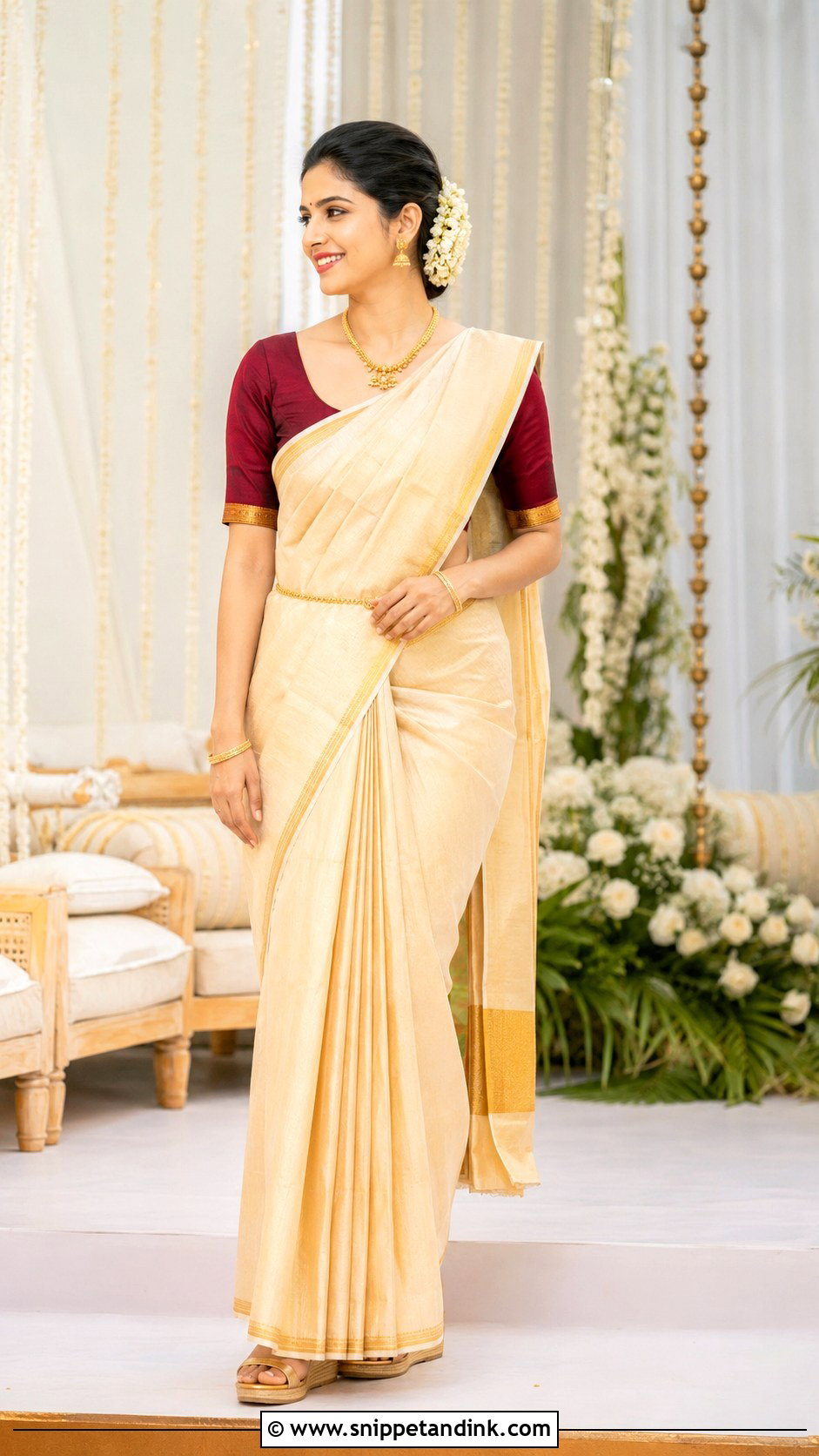 Minimal Gold Saree Mangalorean Bride - Snippet and Ink - 20 Mangalorean Bride Ideas