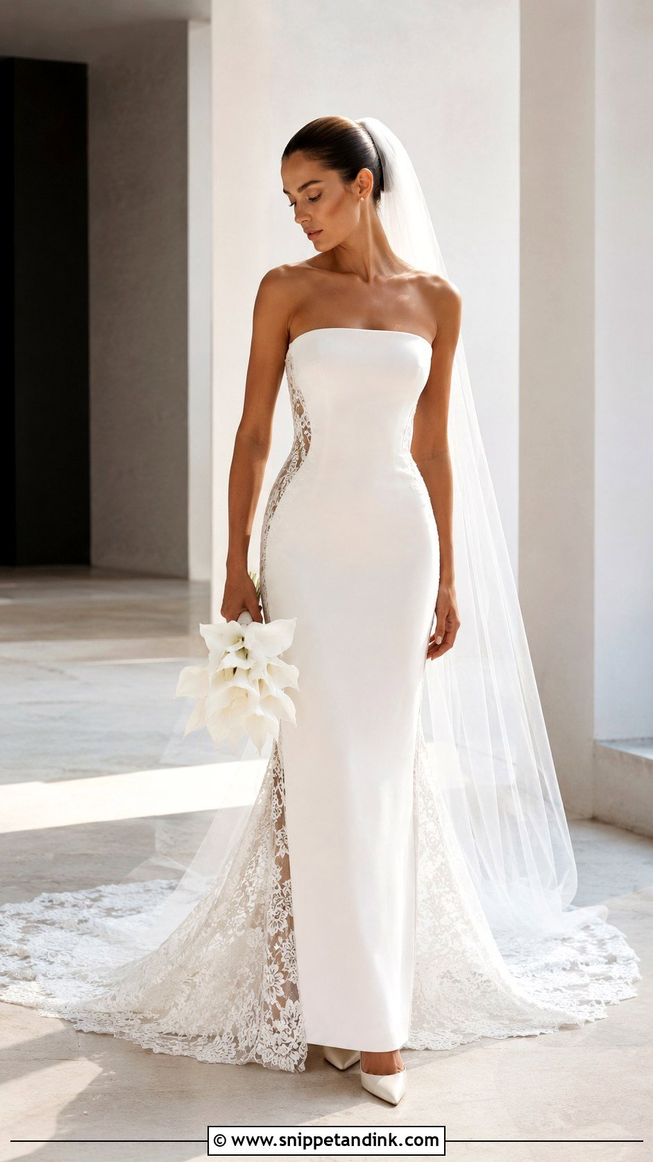 Minimal Lace Crepe Wedding Dress - Snippet and Ink - 20 Fitted Strapless Lace Wedding Dress Ideas