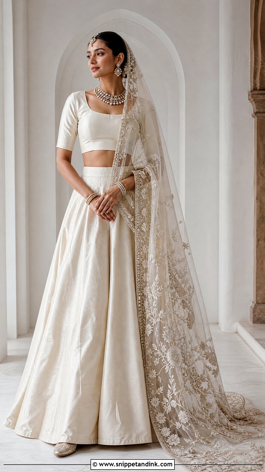 Minimal Lehenga With Embroidered Trail Dupatta - Snippet and Ink - 20 Trail Dupatta Bridal Ideas