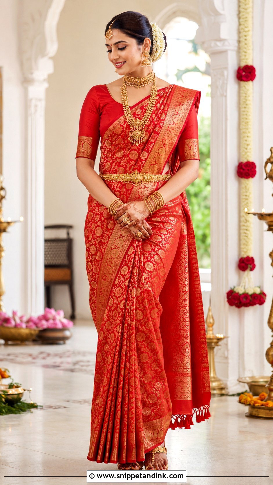Minimal Red Silk Bridal Blouse With Banarasi Saree - Snippet and Ink - 20 Red Bridal Blouse Ideas