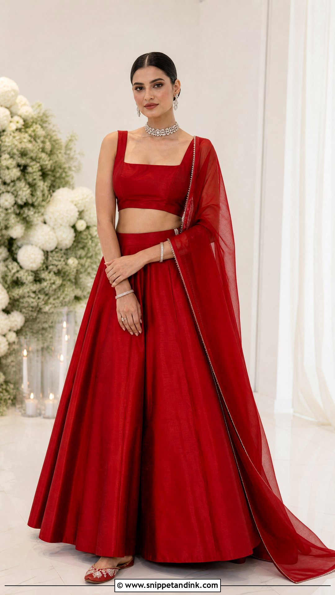 Minimal Red Silk Bridal Lehenga With Diamond Jewelry - Snippet and Ink - 20 Red Bridal Outfit Ideas