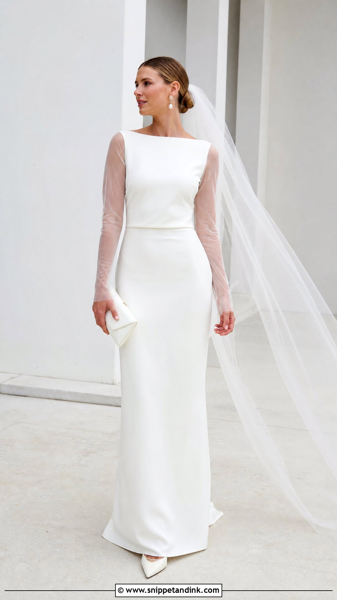 Minimal Sheer Sleeve Column Wedding Dress - Snippet and Ink - 20 Sheer Sleeve Wedding Dress Ideas