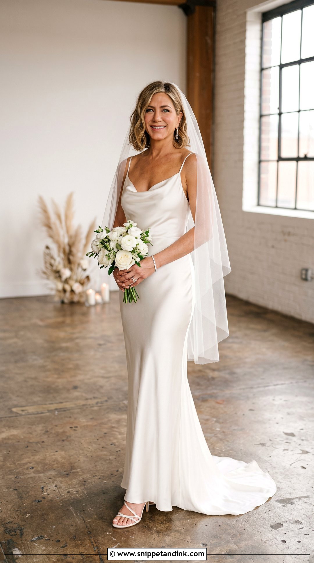 Minimal Slip Wedding Dress With Strappy Sandals - Snippet and Ink - 20 Jennifer Aniston Wedding Dress Ideas