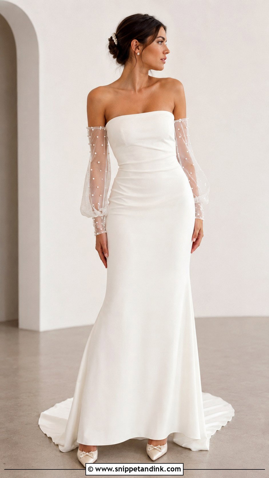Minimal Wedding Dress With Detachable Pearl Sleeves - Snippet and Ink - 25 Two in One Wedding Dress Ideas