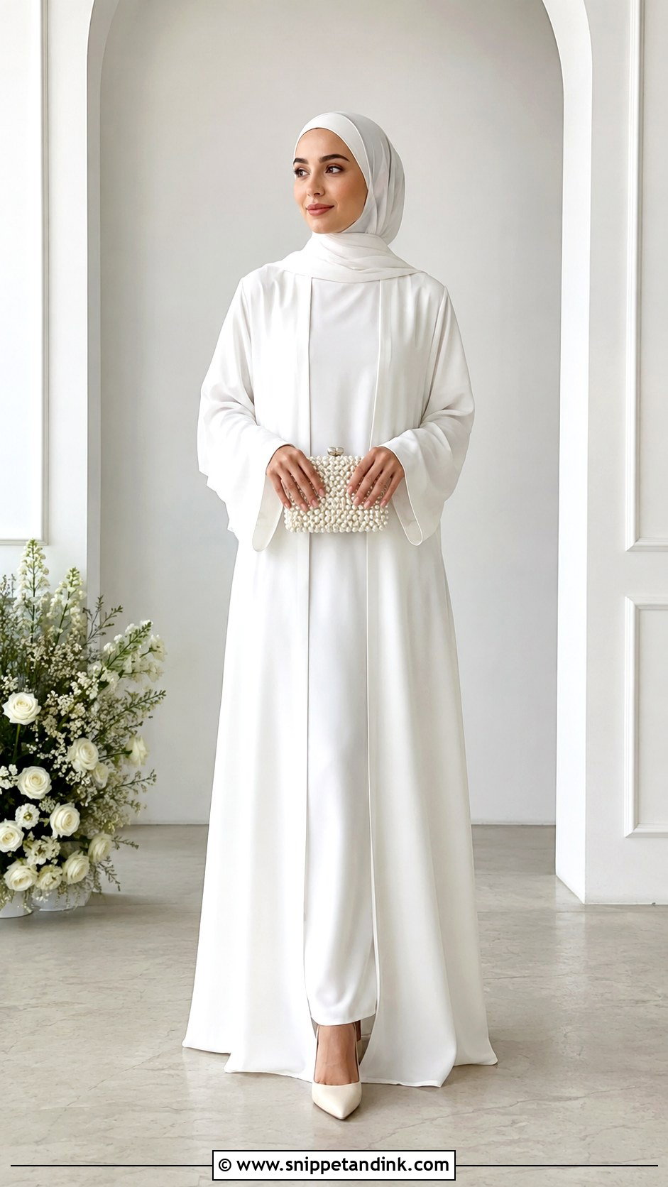 Minimal White Abaya With Statement Clutch - Snippet and Ink - 25 Abaya Wedding Dress Ideas