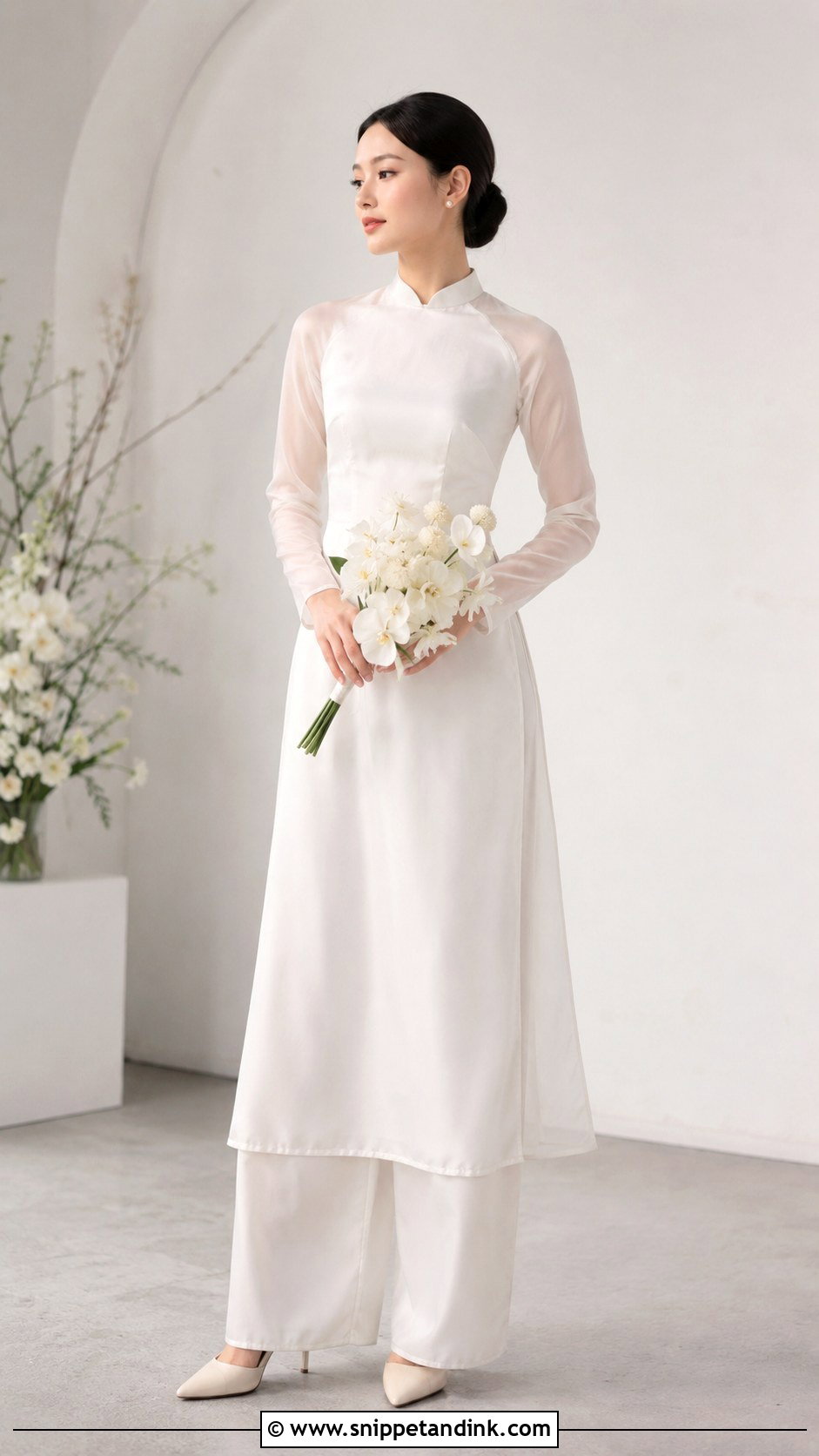 Minimal White Ao Dai With Sheer Sleeves - Snippet and Ink - 25 Wedding Ao Dai Ideas