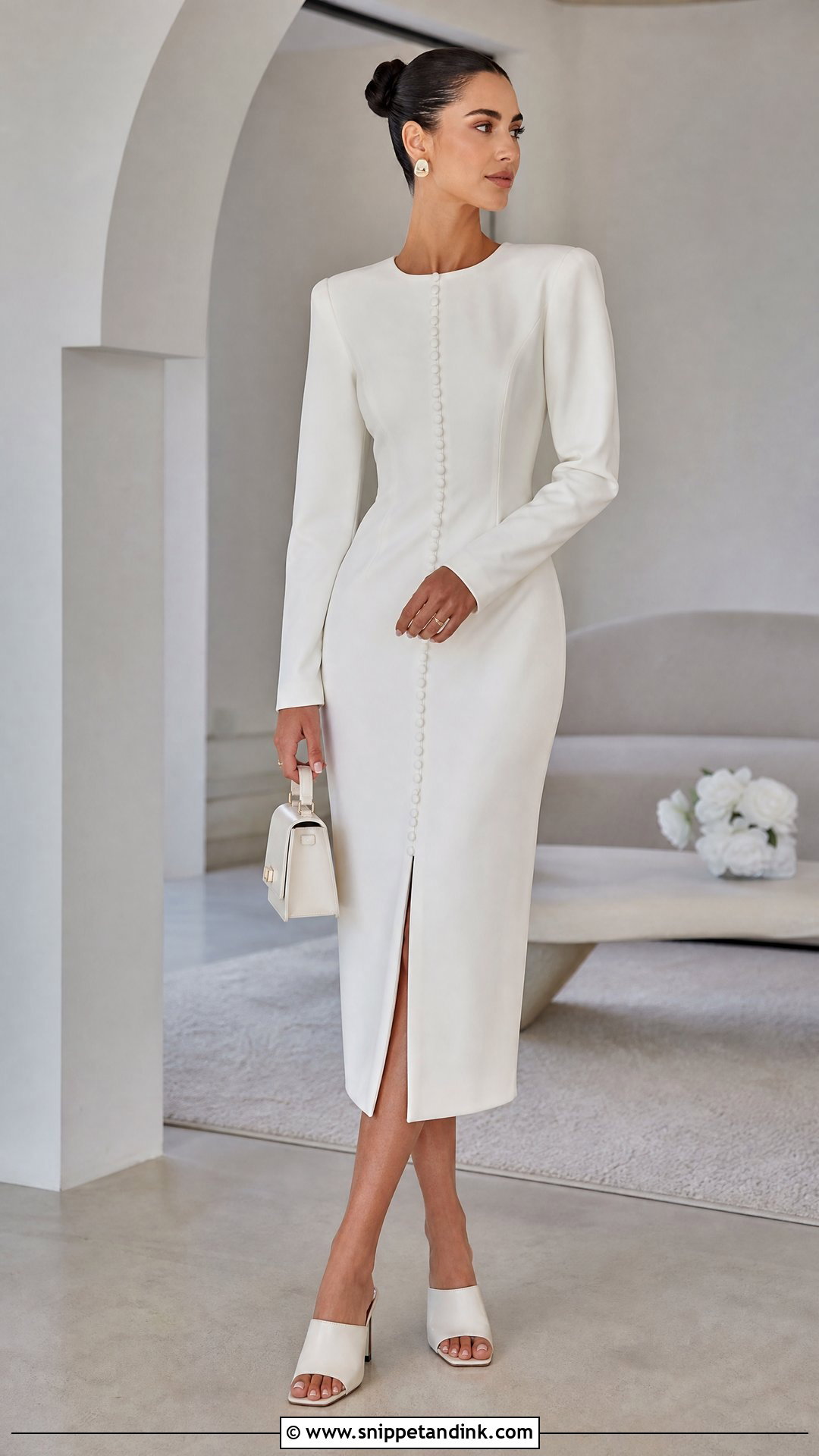Minimalist Bridal Prep Midi Dress With Leather Mules - Snippet and Ink - 20 Bridal Prep Dress Ideas
