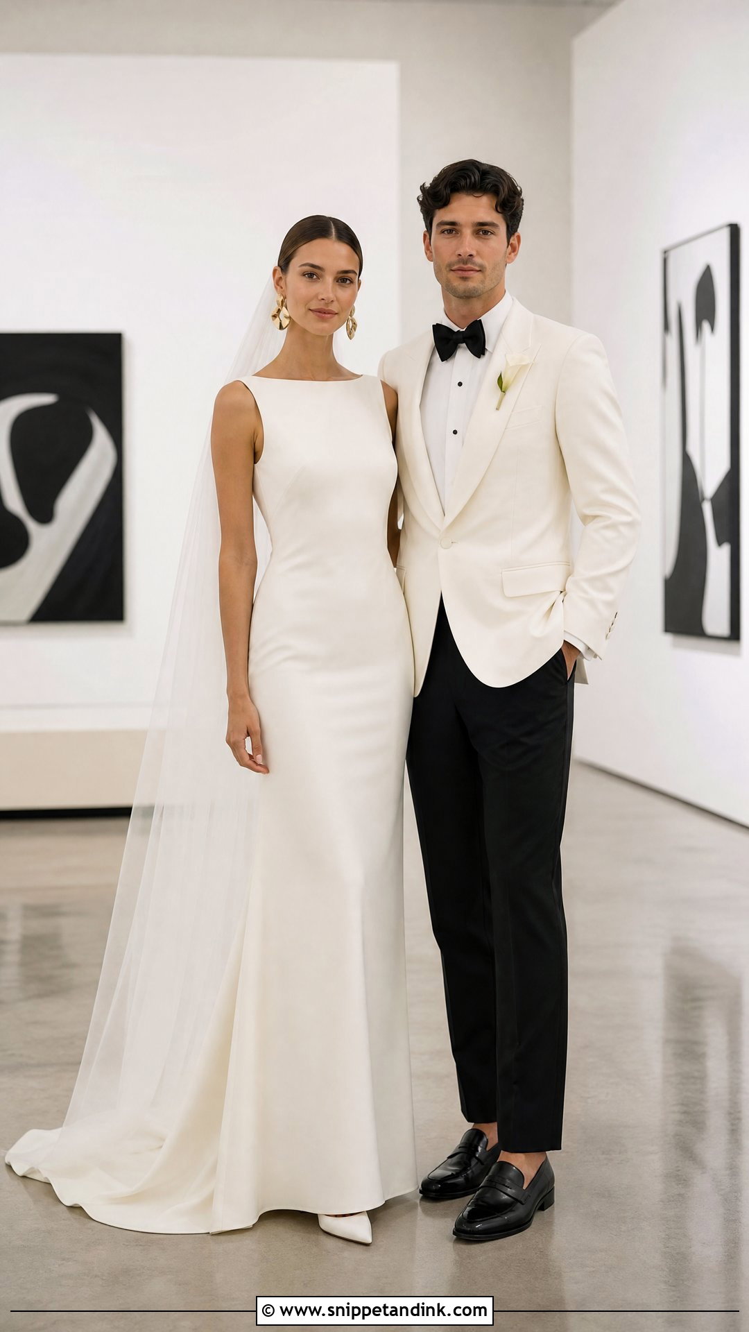 Minimalist Column Dress And Ivory Tuxedo Wedding Couple - Snippet and Ink - 20 Wedding Dresses for Couple