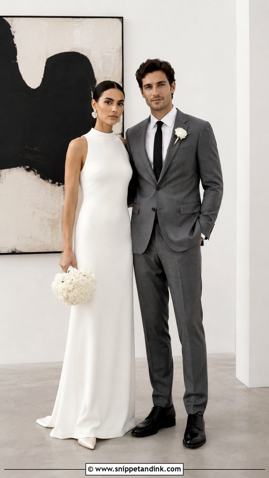 Minimalist Column Gown And Gray Suit Couple Wedding Outfit - Snippet and Ink - 20 Couple Matching Wedding Outfits