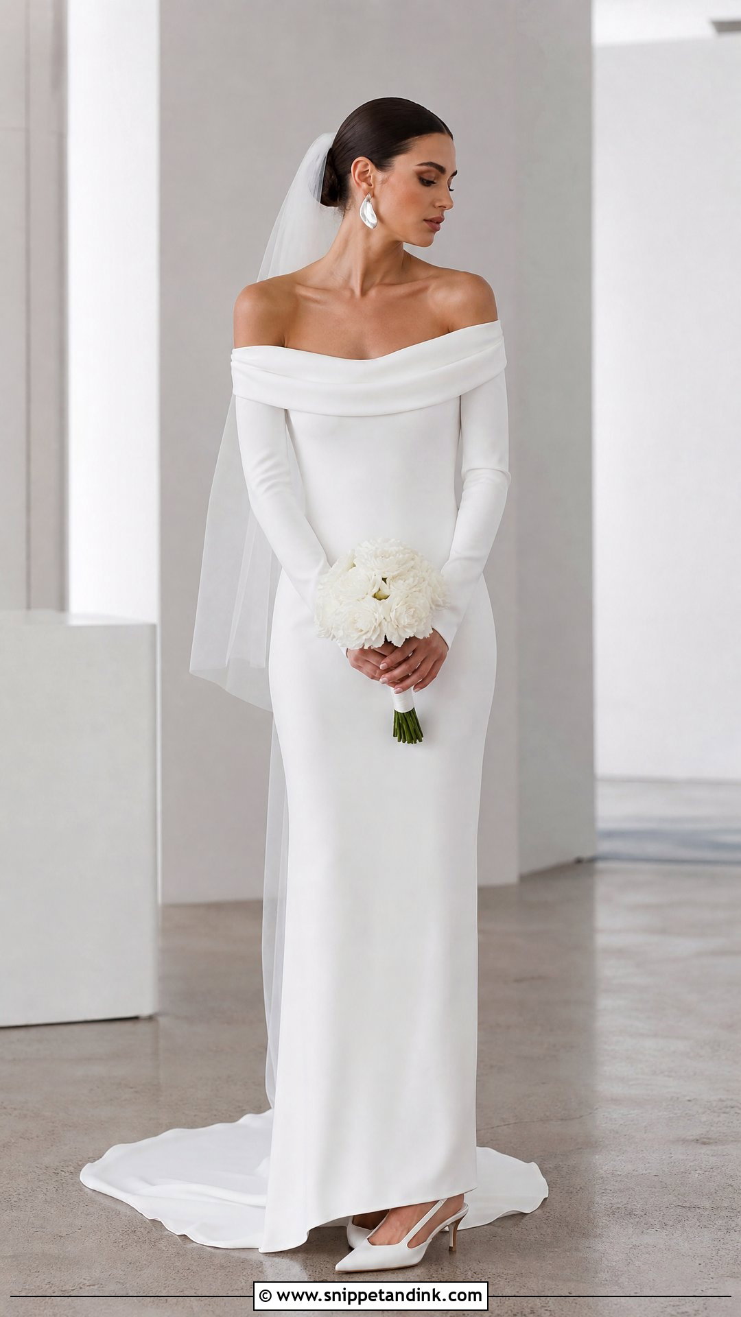 Minimalist Column Off the Shoulder Long Sleeve Wedding Dress - Snippet and Ink - 20 Off the Shoulder Long Sleeve Wedding Ideas