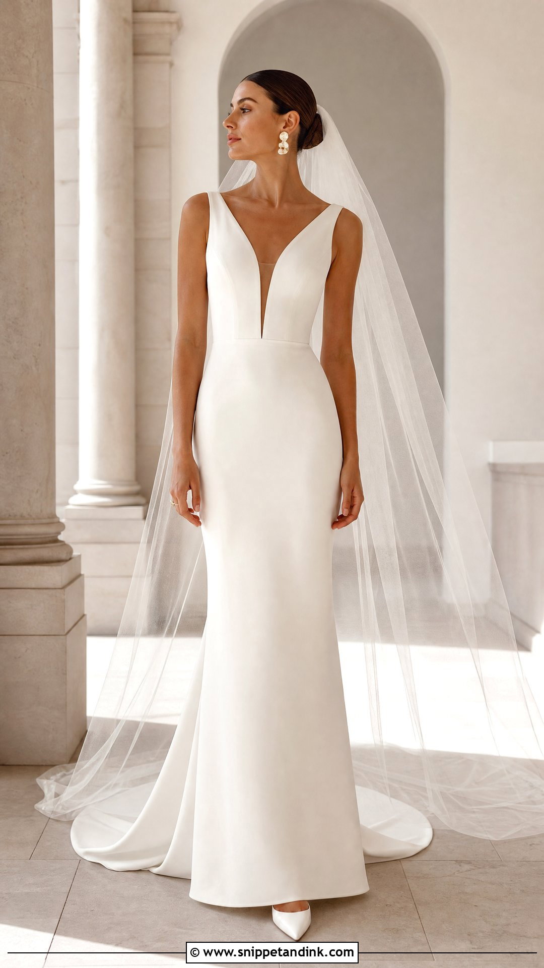Minimalist Column Plunging Neckline Wedding Dress - Snippet and Ink - 20 Plunging Neckline Wedding Dress Ideas