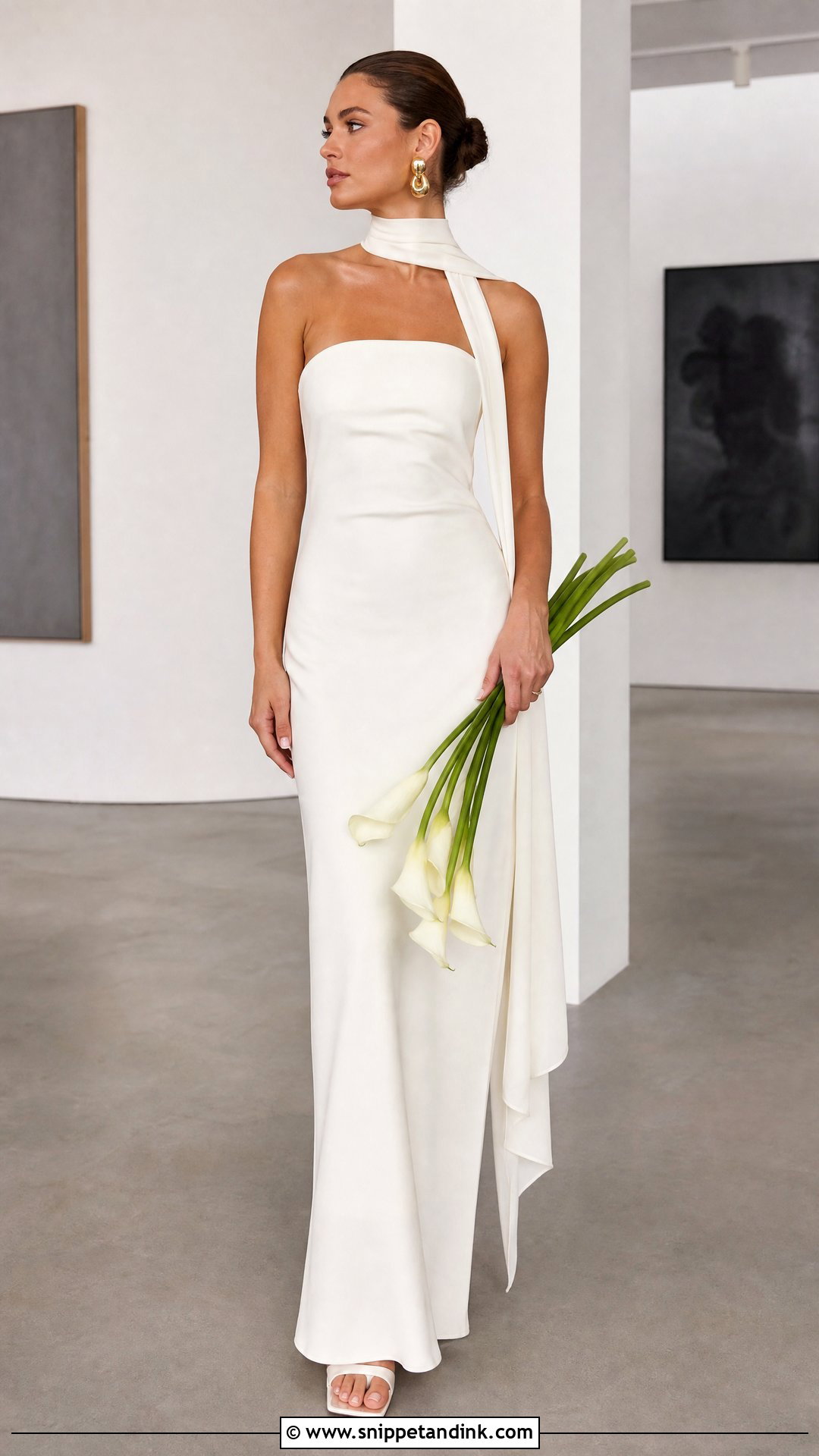 Minimalist Column Strapless Wedding Dress With Skinny Scarf - Snippet and Ink - 20 Strapless Wedding Dress with Scarf Ideas