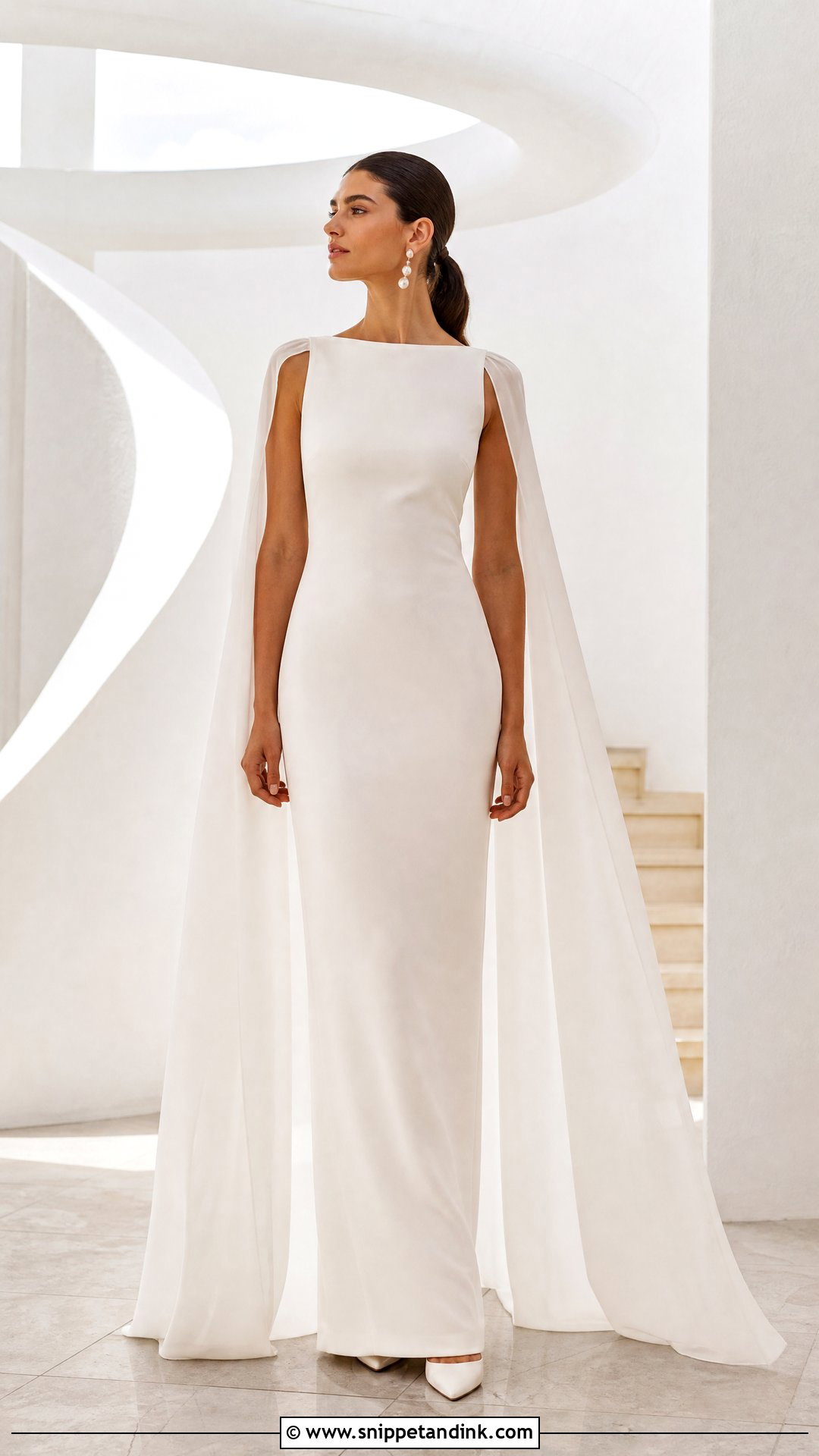 Minimalist Column Wedding Dress With Chiffon Cape - Snippet and Ink - 20 Wedding Dress with a Cape Ideas