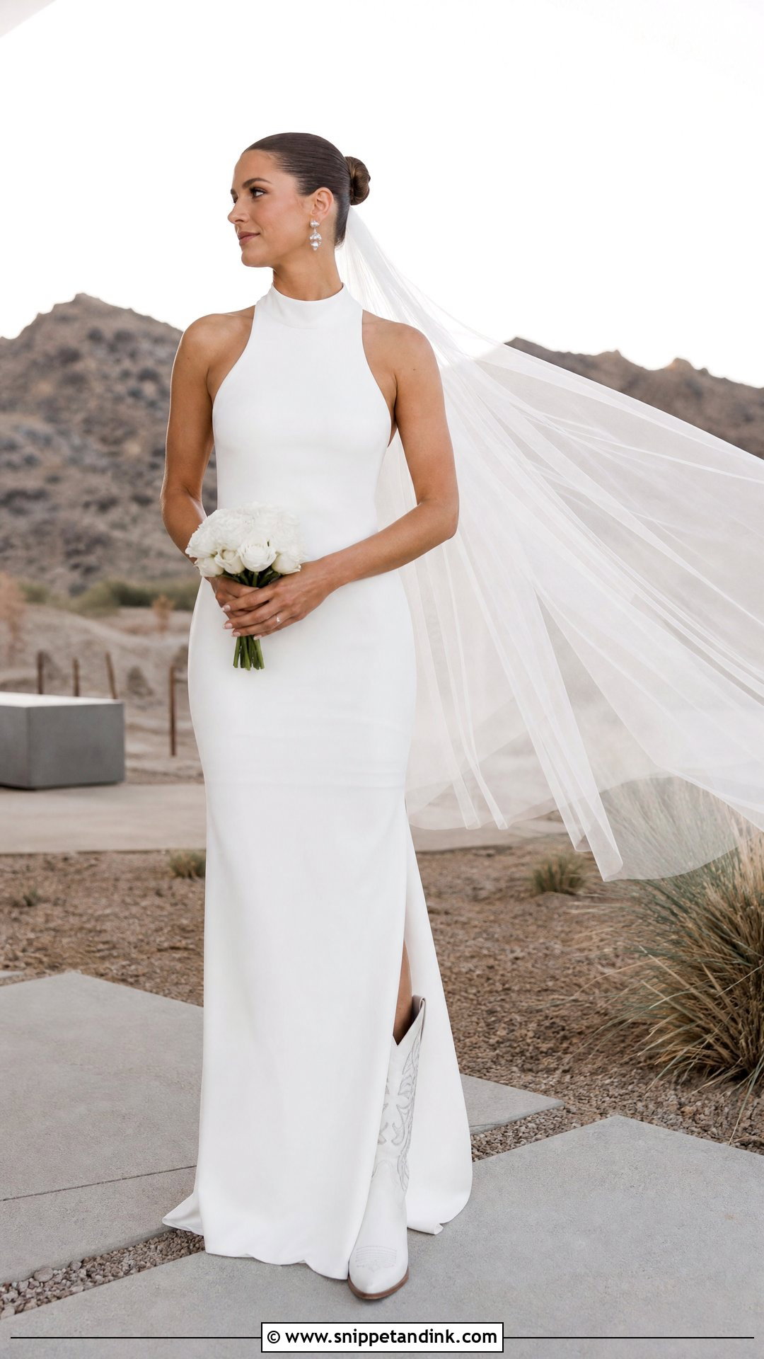 Minimalist Column Wedding Dress With Cowboy Boots - Snippet and Ink - 20 Wedding Dresses with Cowboy Boots