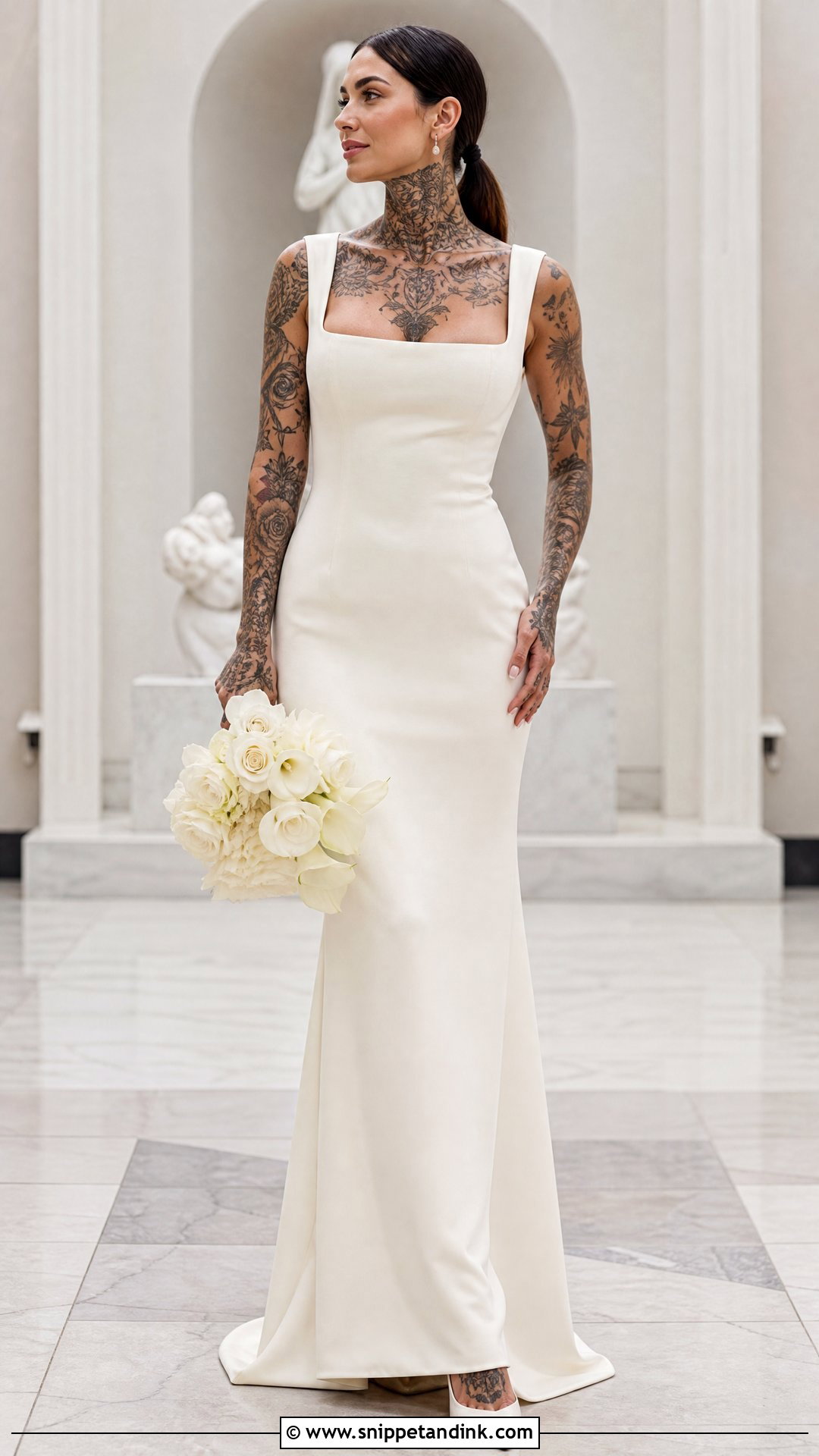 Minimalist Column Wedding Dress With Full Tattoos - Snippet and Ink - 20 Tattoos in Wedding Dress Ideas