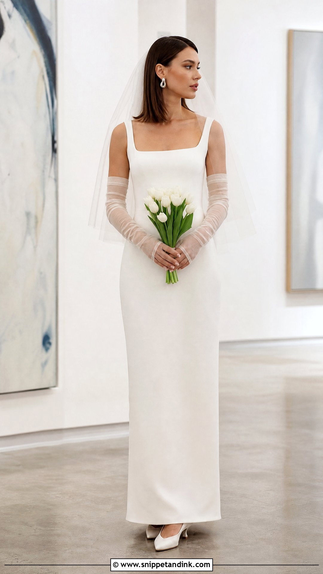 Minimalist Column Wedding Dress With Long Fingerless Gloves - Snippet and Ink - 20 Wedding Dress with Long Gloves Ideas