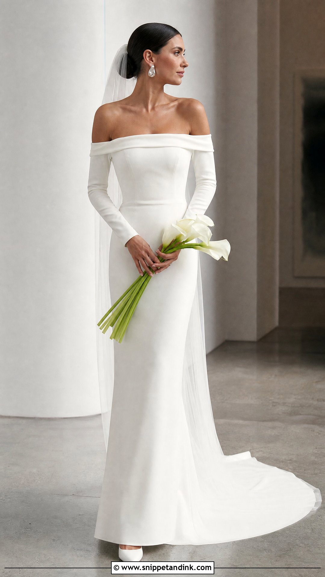 Minimalist Column Wedding Dress With Off Shoulder Sleeves - Snippet and Ink - 20 Wedding Dress with Sleeves Off Shoulder