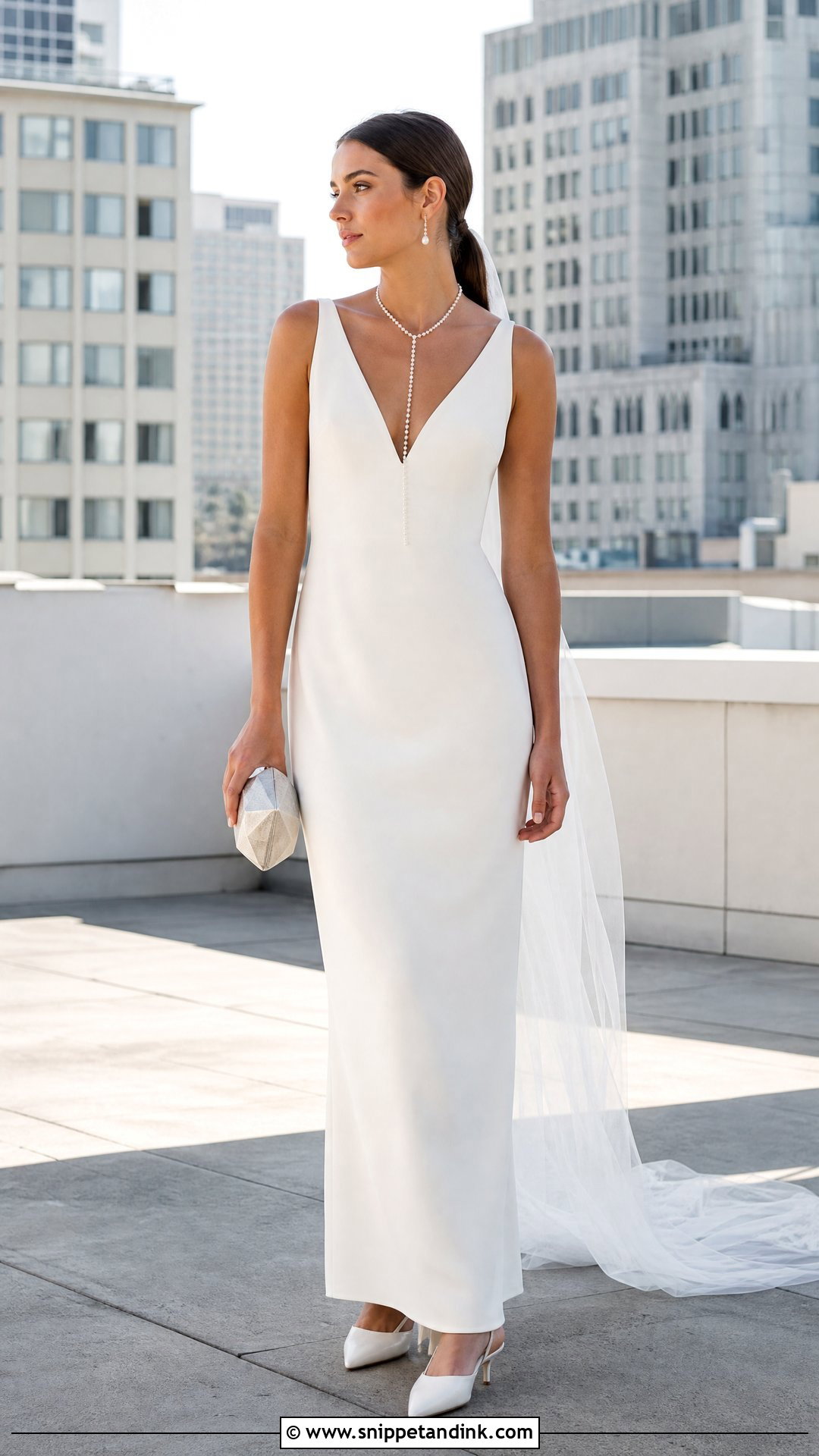 Minimalist Column Wedding Dress With Pearl Lariat - Snippet and Ink - 20 Wedding Dress with Pearl Necklace Ideas