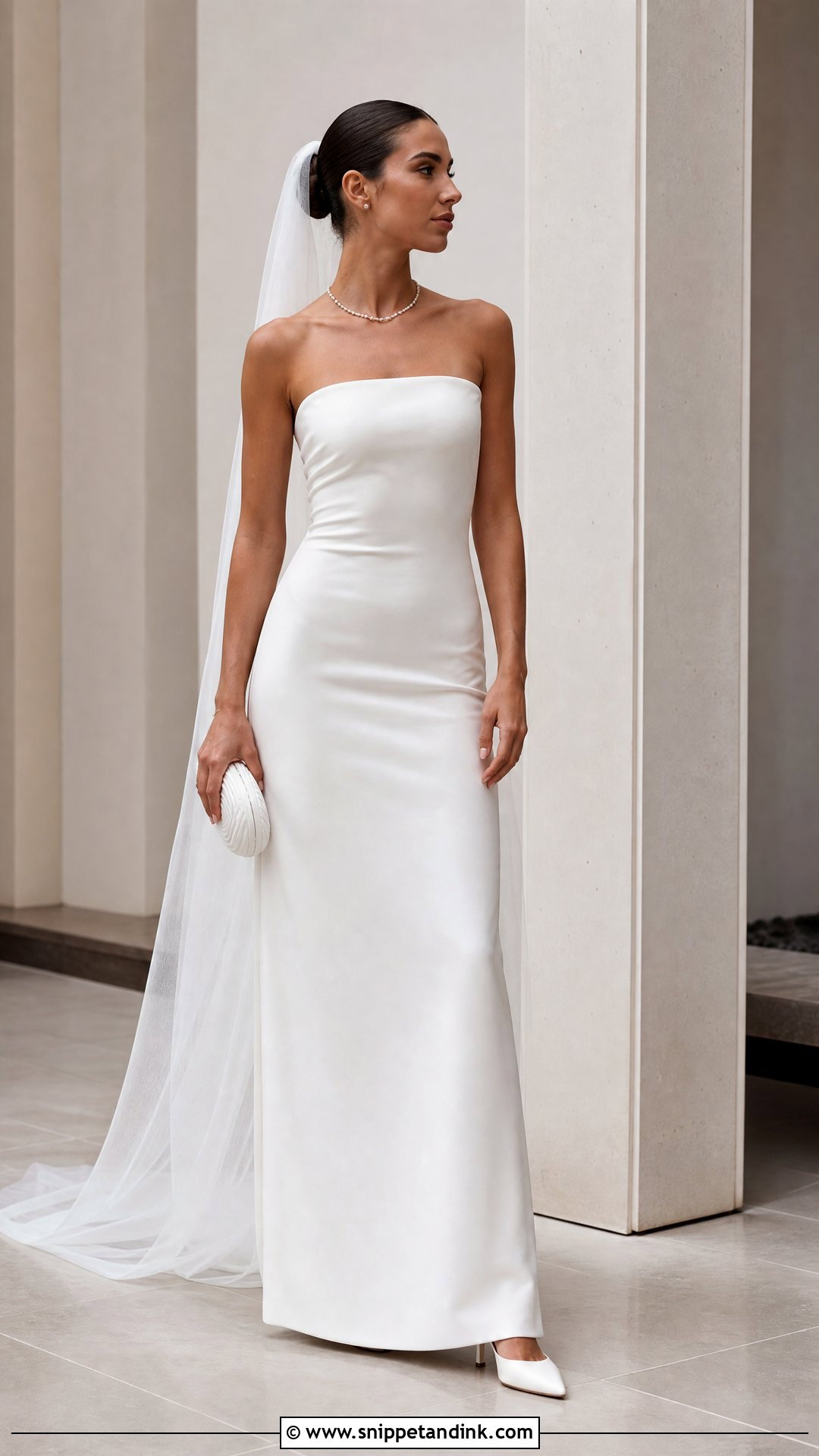 Minimalist Column Wedding Dress With Pearl Station Necklace - Snippet and Ink - 20 Pearl Necklace Wedding Dress Ideas