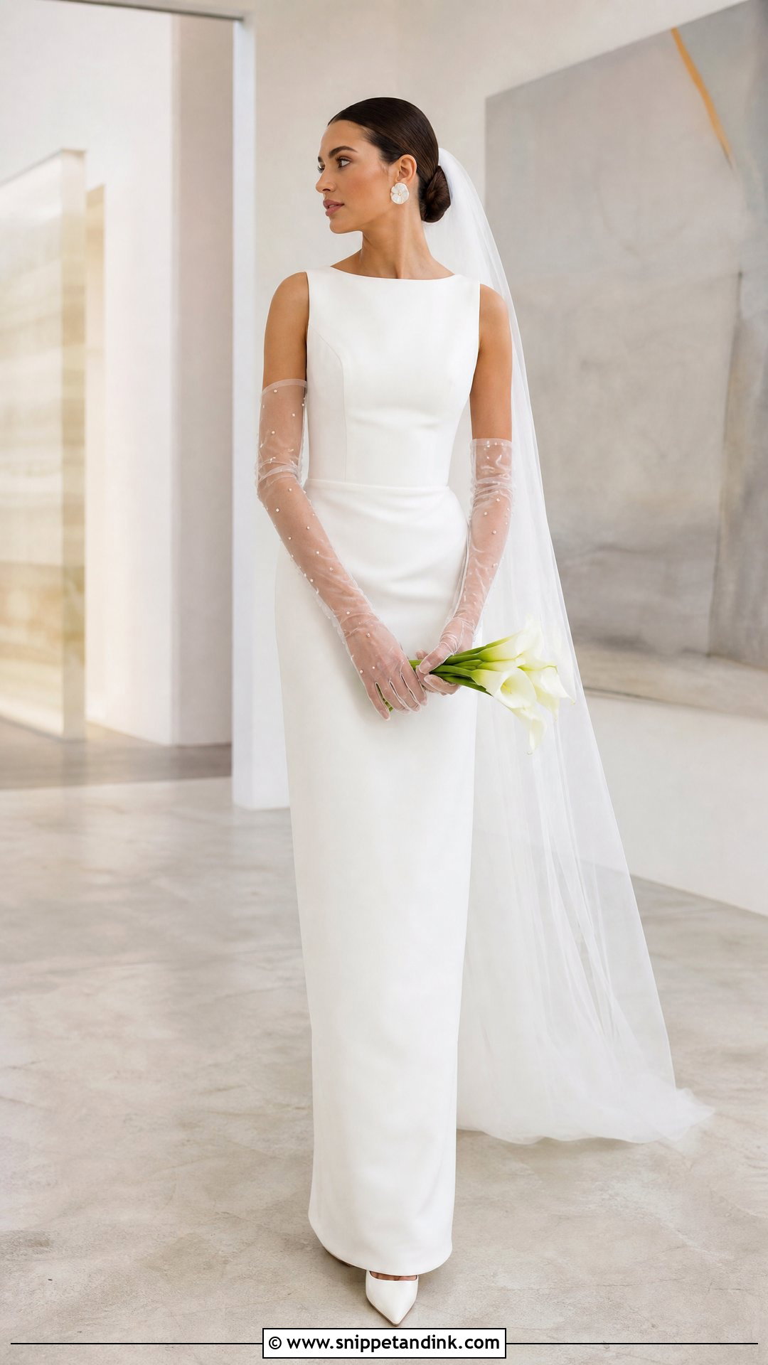 Minimalist Column Wedding Dress With Sheer Gloves - Snippet and Ink - 20 Wedding Dress and Gloves Ideas