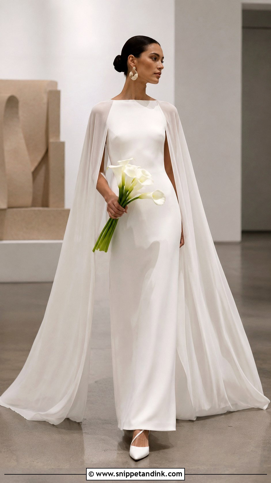 Minimalist Column Wedding Gown With Chiffon Cape - Snippet and Ink - 20 Wedding Gown with Cape Ideas