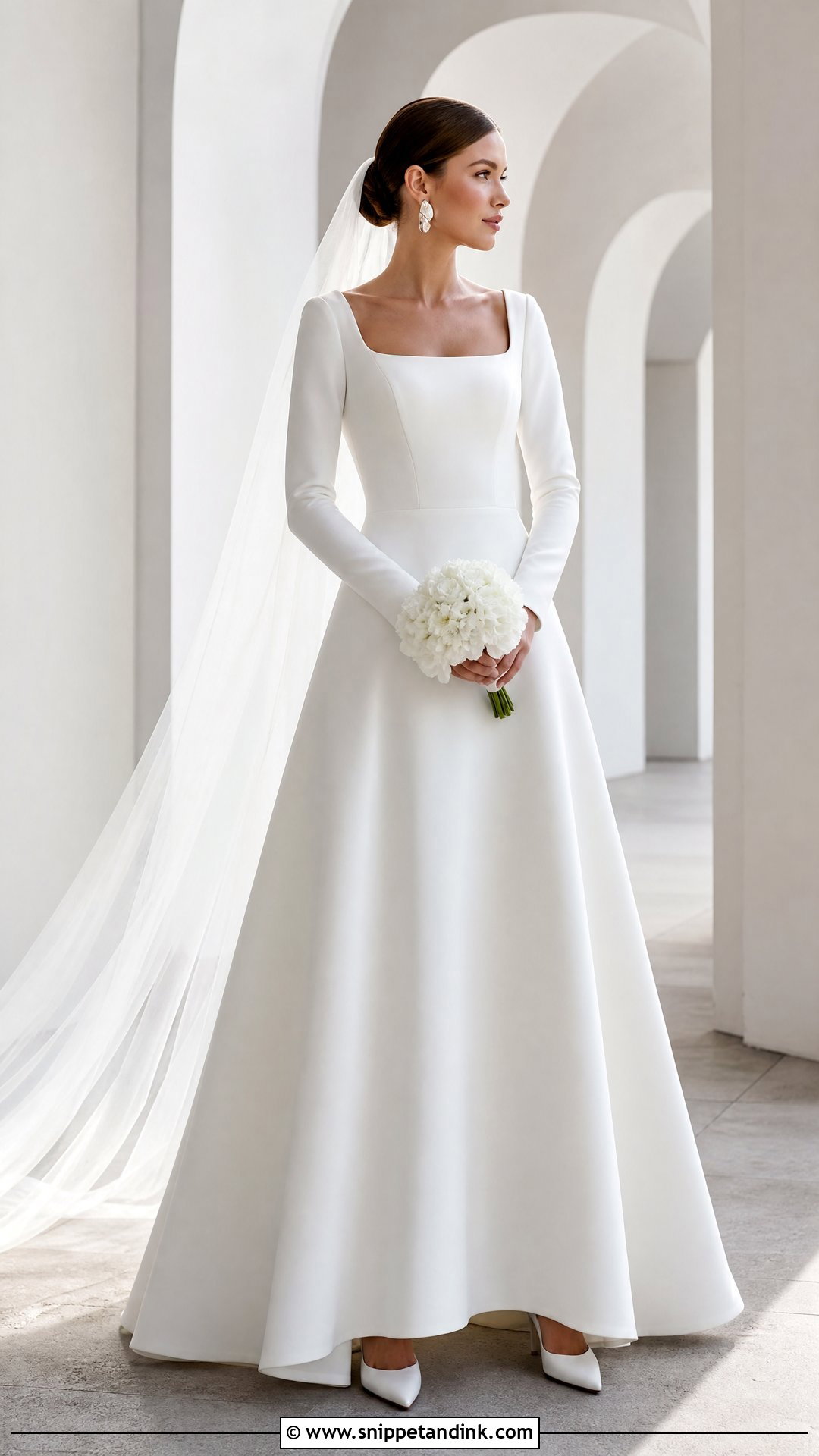 Minimalist Crepe A Line Wedding Dress With Long Sleeves - Snippet and Ink - 25 Aline Wedding Dress with Sleeves