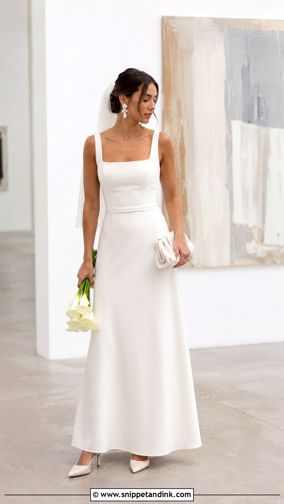 Minimalist Crepe A Line Wedding Dress With Short Veil - Snippet and Ink - 20 A Shape Wedding Dress Ideas