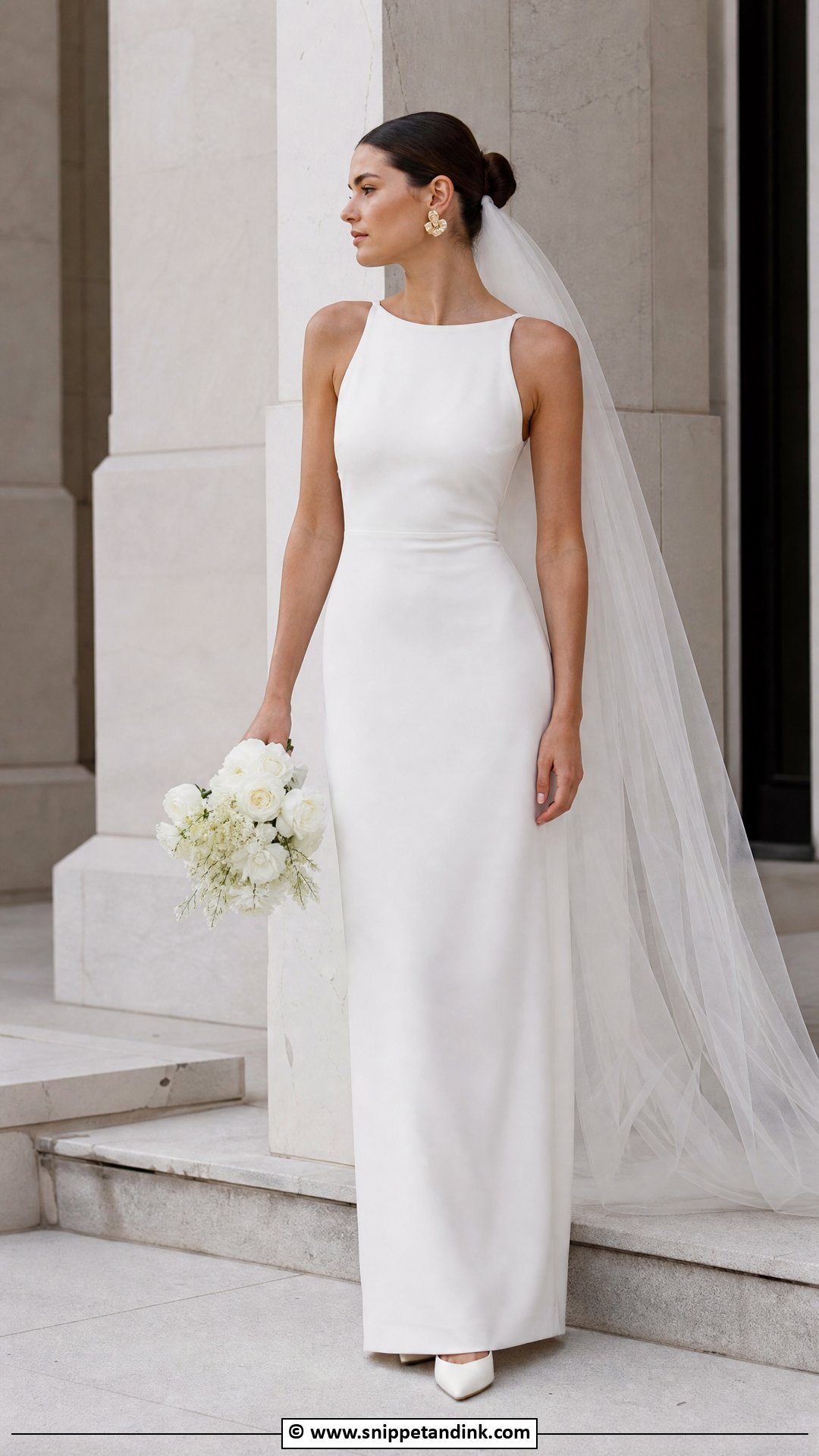 Minimalist Crepe Bridal Gown With Sleek Bun - Snippet and Ink - 35 Bridal Gown Ideas