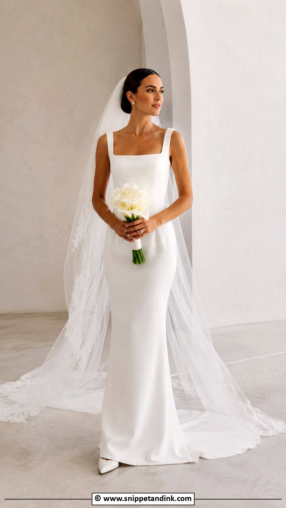 Minimalist Crepe Bride Gown With Cathedral Veil - Snippet and Ink - 25 Bride Gowns