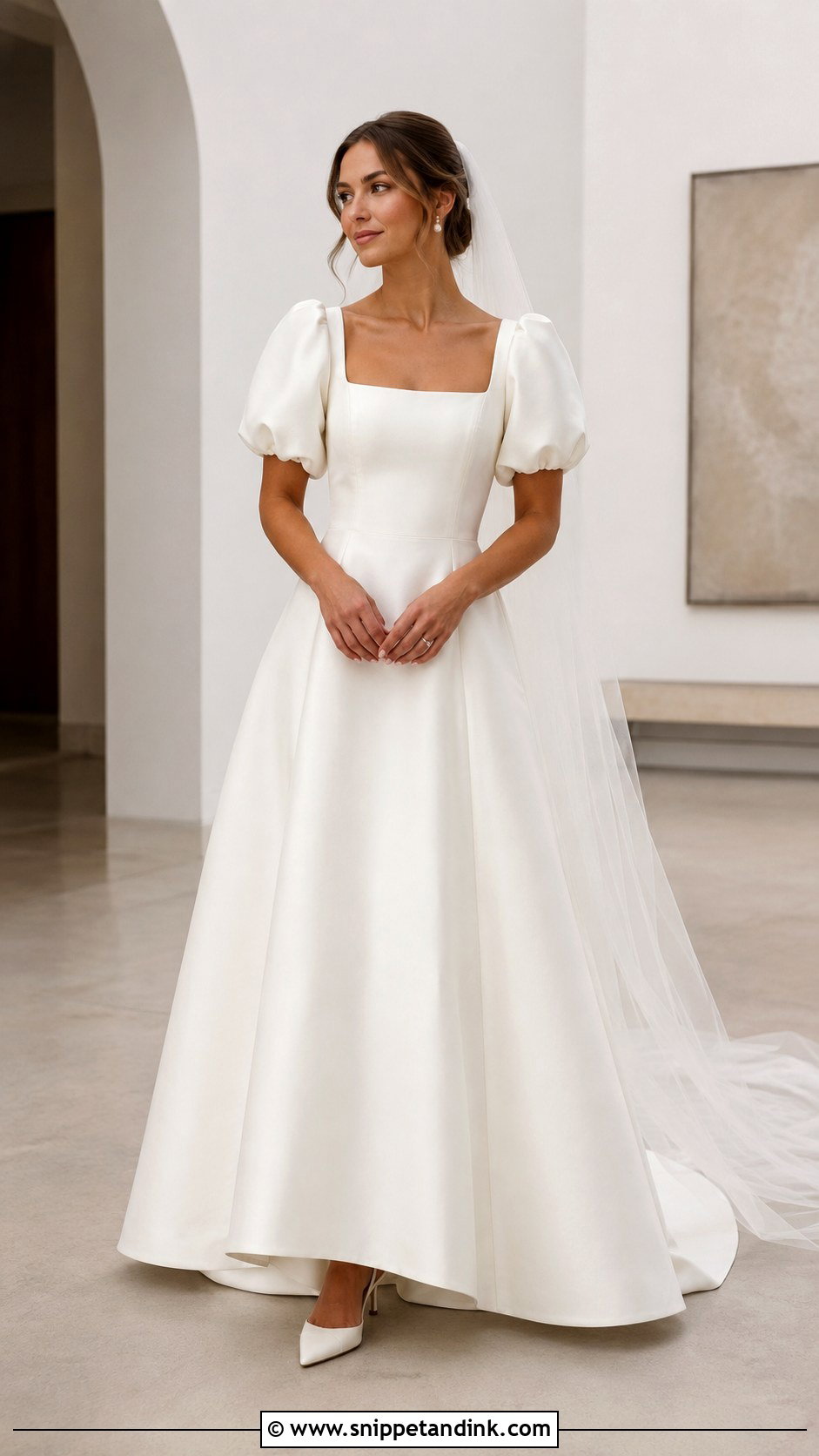 Minimalist Crepe Bubble Sleeve Wedding Dress - Snippet and Ink - 20 Bubble Sleeve Wedding Dress Ideas
