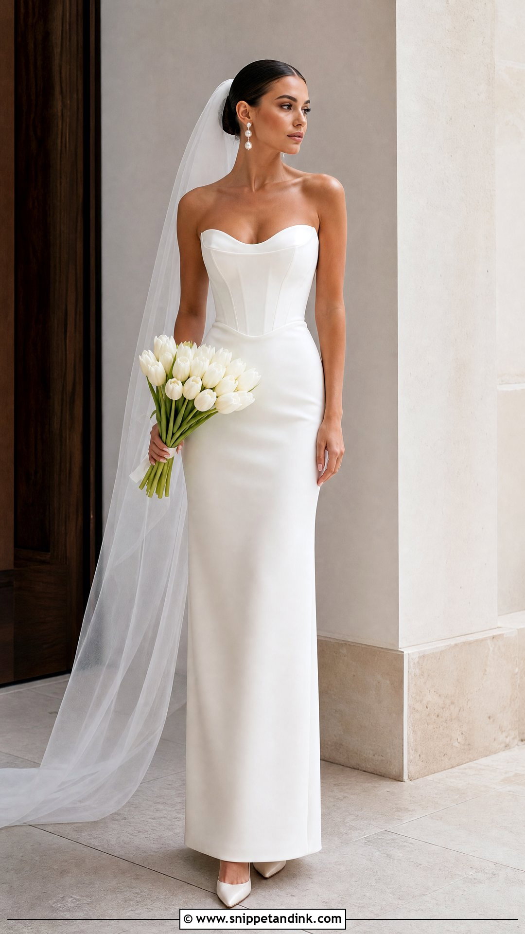 Minimalist Crepe Corset Wedding Dress With Simple Veil - Snippet and Ink - 20 Timeless Corset Wedding Dress Ideas