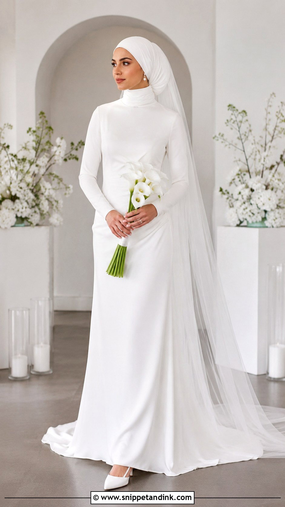 Minimalist Crepe Dress With Simple Bridal Hijab - Snippet and Ink - 20 Bridal with Hijab Ideas
