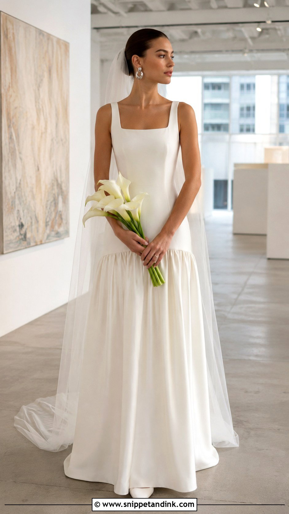 Minimalist Crepe Drop Waist Dress With Sleek Veil - Snippet and Ink - 20 Low Waist Wedding Dresses