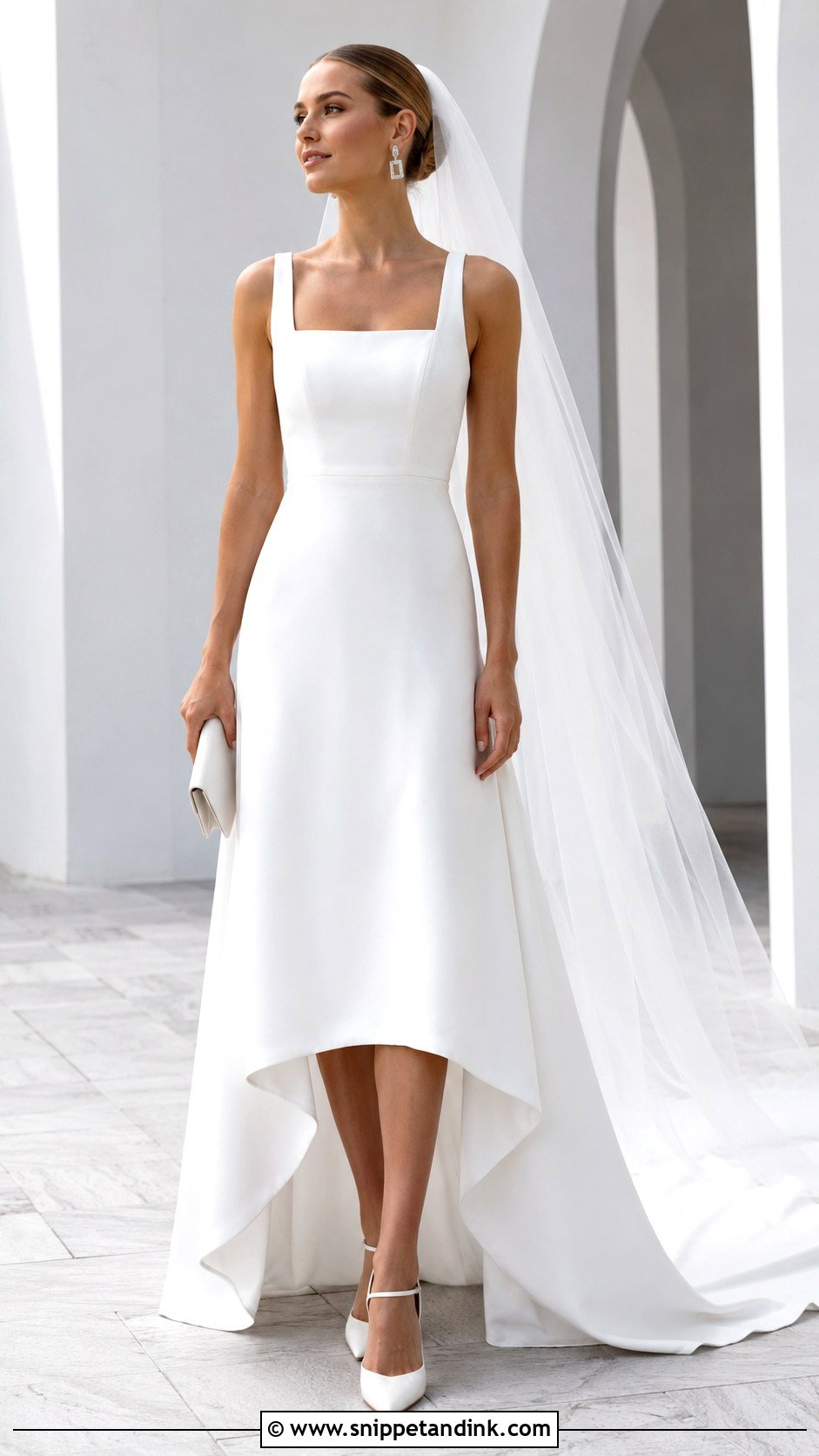 Minimalist Crepe Hi Low Wedding Dress With Slingback Heels - Snippet and Ink - 20 Hi Low Wedding Dress Ideas