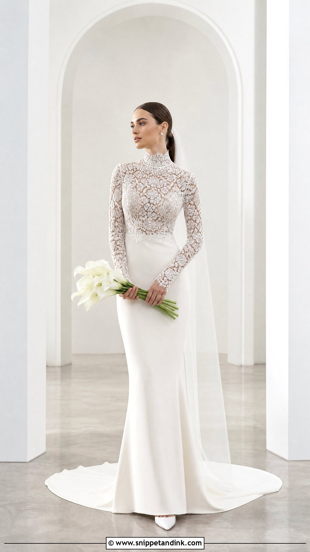 Minimalist Crepe Lace Turtleneck Wedding Dress - Snippet and Ink - 20 Lace Turtleneck Wedding Dress Ideas