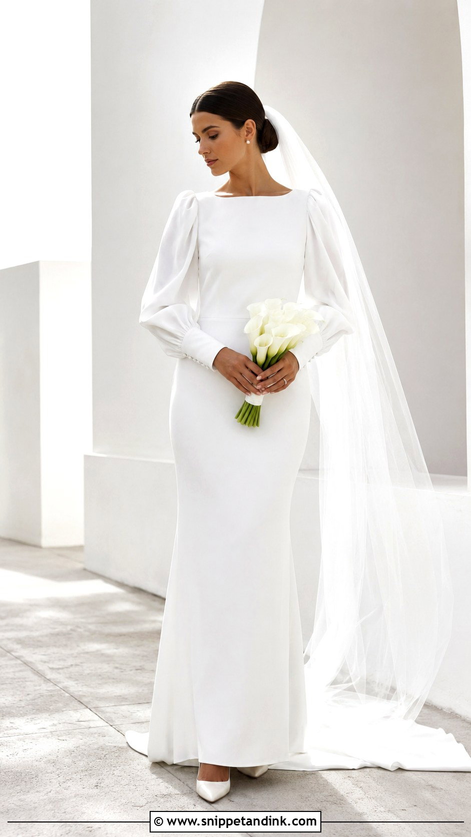 Minimalist Crepe Long Puff Sleeve Wedding Dress - Snippet and Ink - 20 Long Puff Sleeve Wedding Dress Ideas