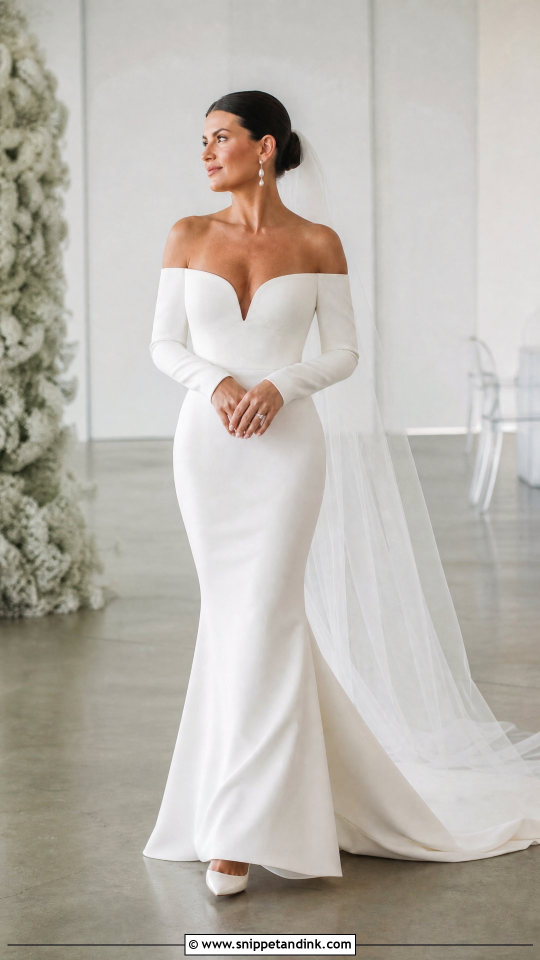 Minimalist Crepe Mermaid Off the Shoulder Wedding Dress - Snippet and Ink - 20 Simple Long Wedding Dress with Off the Shoulder Sleeves