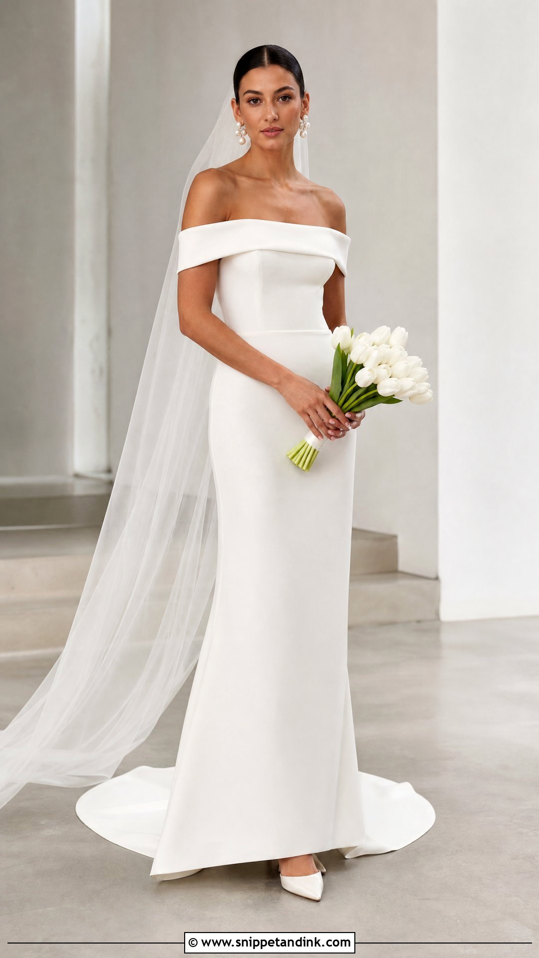 Minimalist Crepe Off Shoulder Bridal Dress - Snippet and Ink - 20 Off Shoulder Bridal Dress Ideas