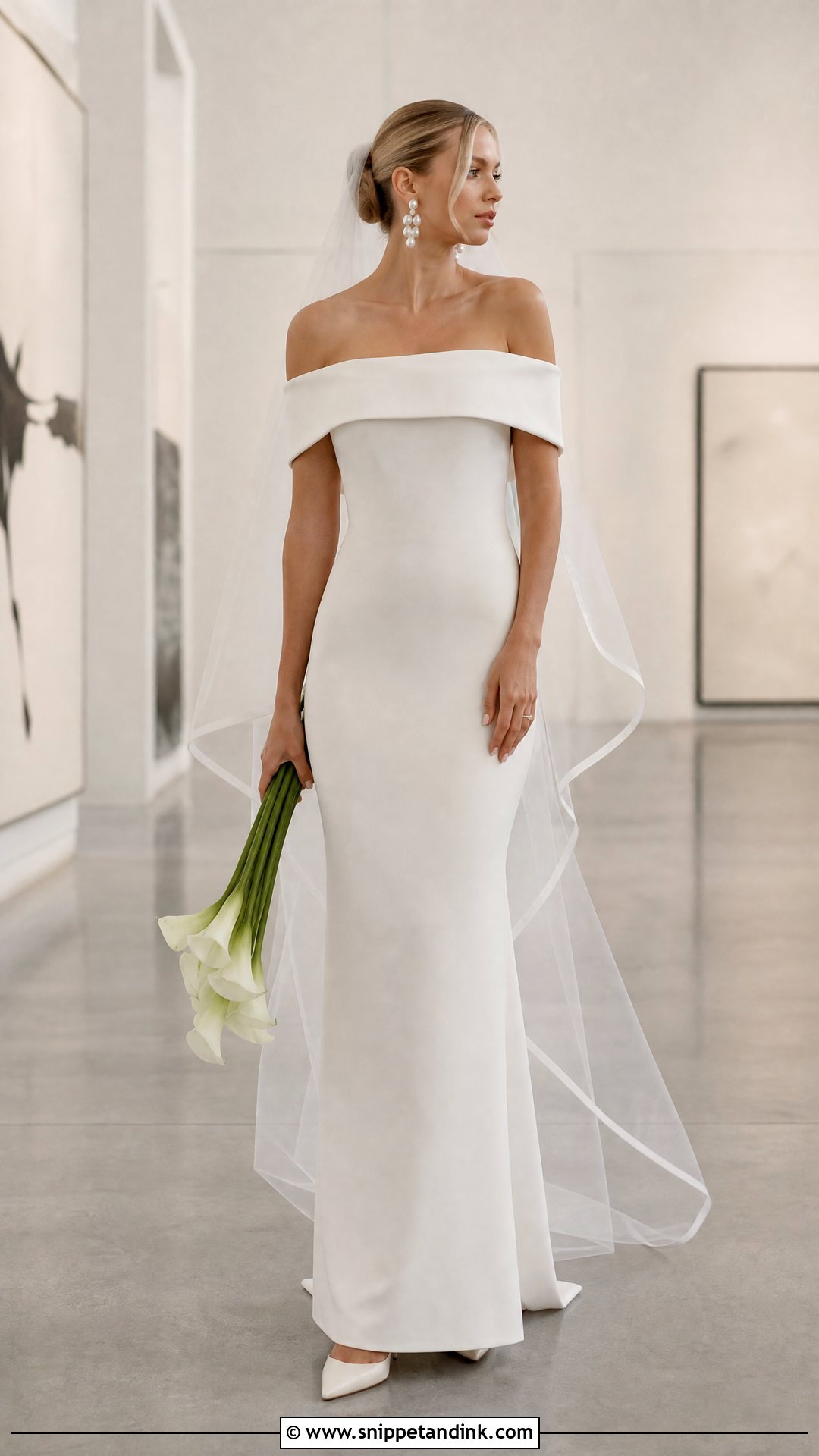 Minimalist Crepe Off Shoulder Bridal Gown - Snippet and Ink - 20 Off Shoulder Bridal Gown Ideas